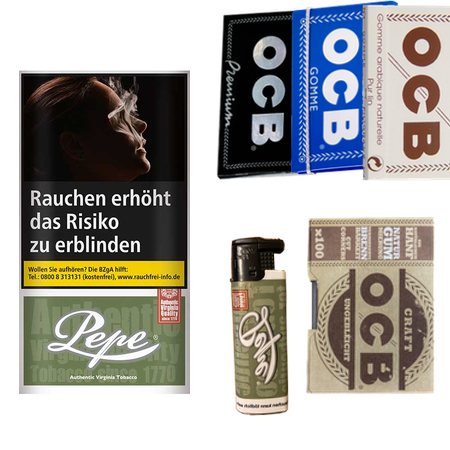 Zigarettentabak Pepe Rich Green Drehtabak 5 x 30 g + 400 OCB Probier-Set+ 1 Feuerzeug