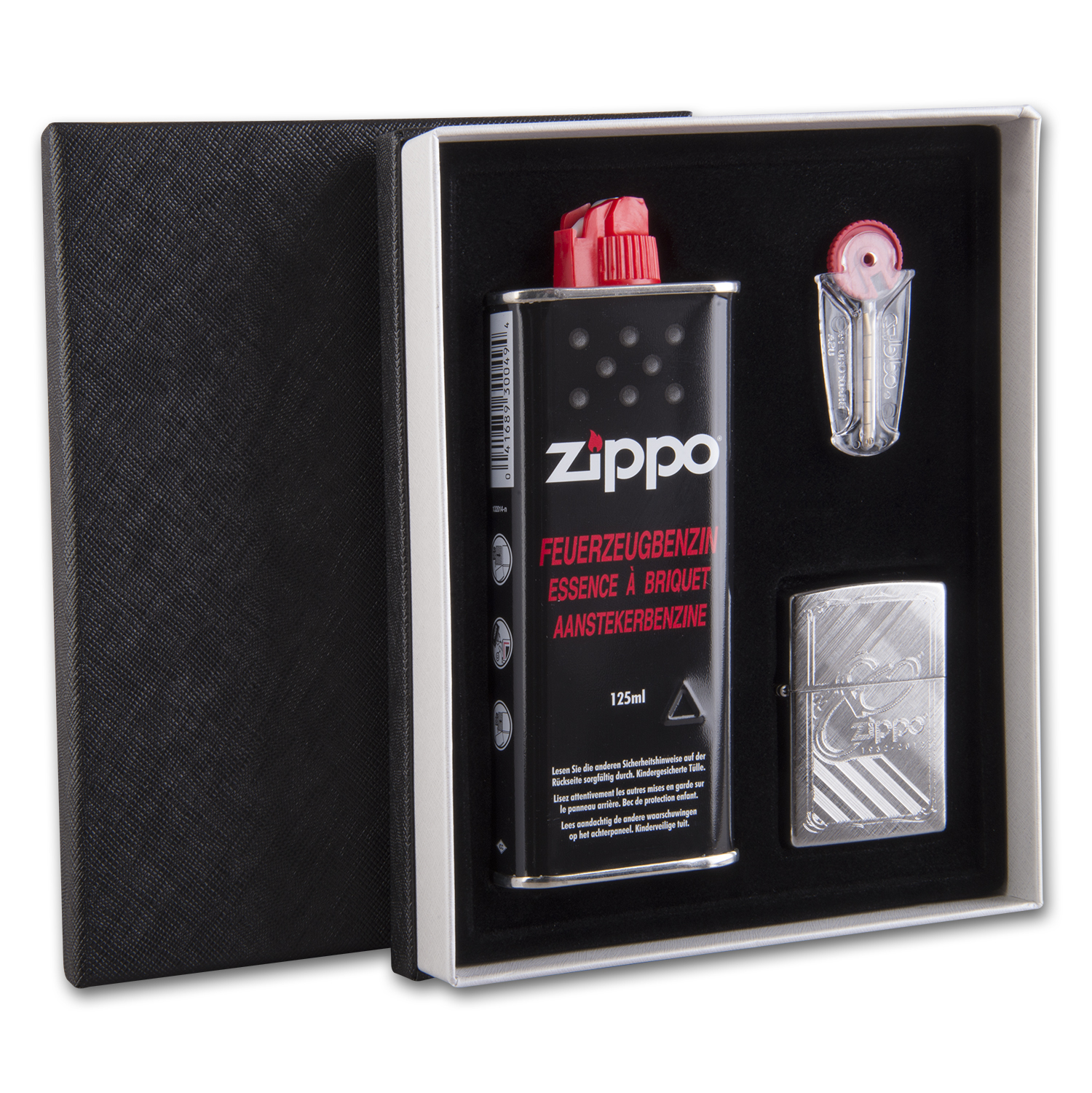 ZIPPO Geschenkbox chrom 80th Anniversary 60002332 mit Steine und Benzi