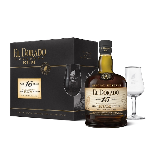 Geschenkset: El Dorado Rum 15 Jahre 43% vol., 0,7l + 2 Gläser