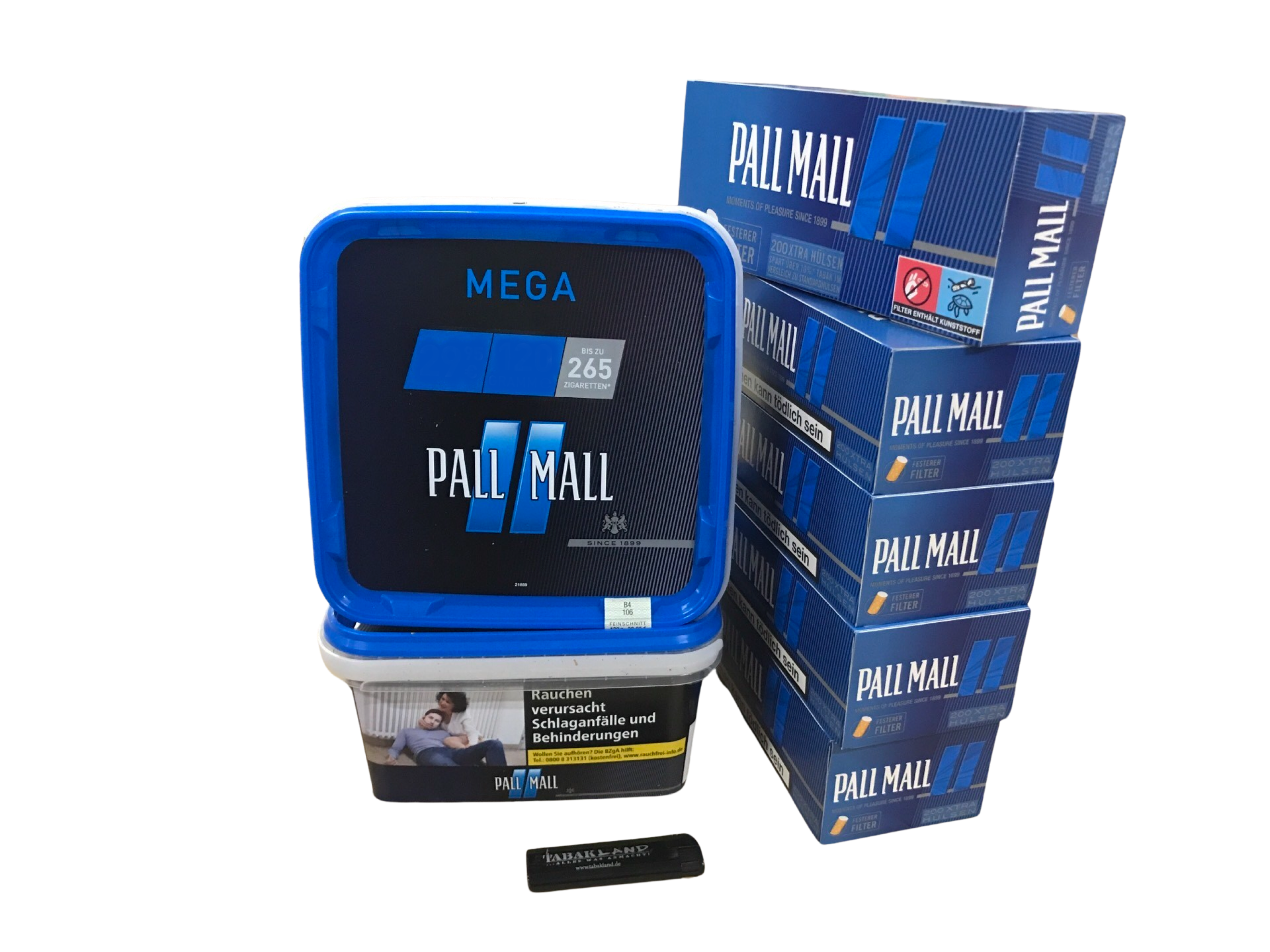 2x PALL MALL Blue Mega Eimer 120g + 1000 PALL MALL Blau Hülsen + Feuerzeug