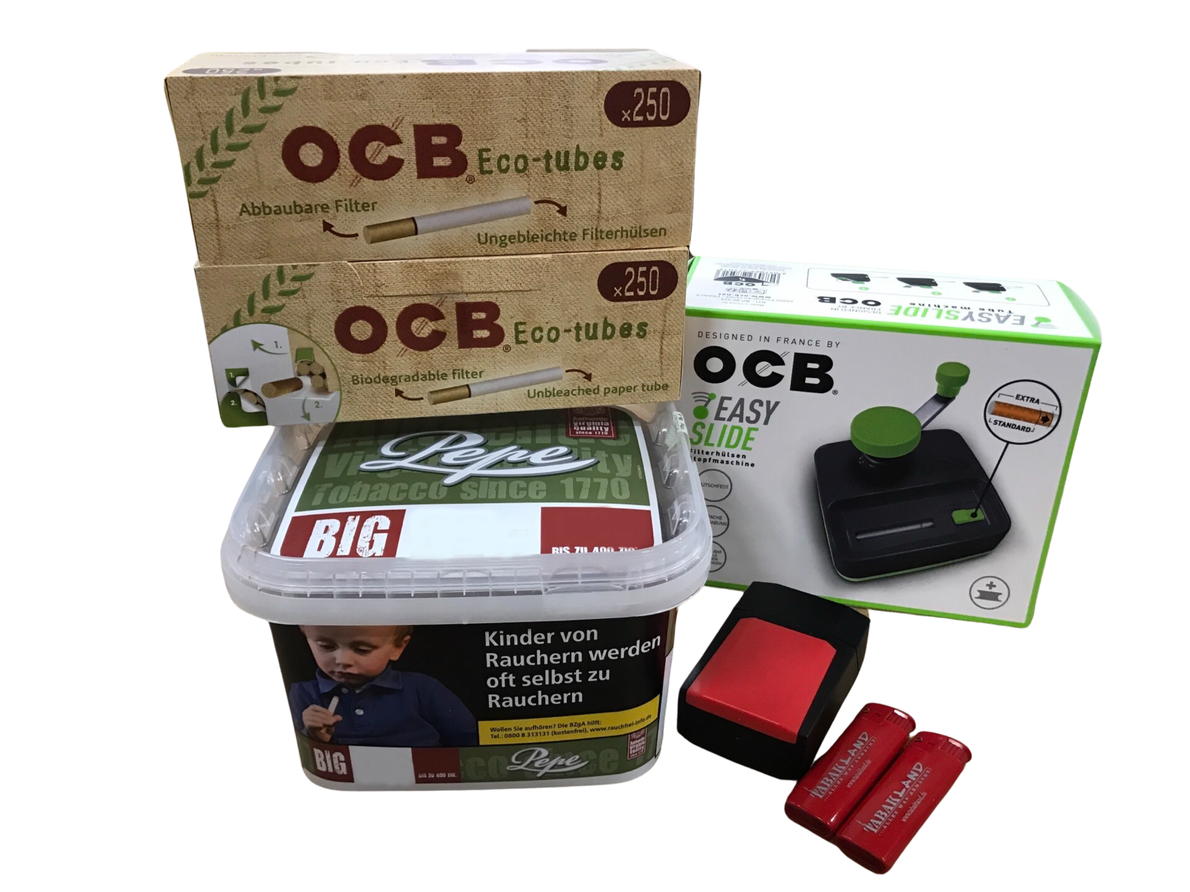 PEPE Rich Green 170g Eimer + 500 OCB Organic Hülsen + OCB Easy Slide Big + Etui inkl. 2 Feuerzeuge