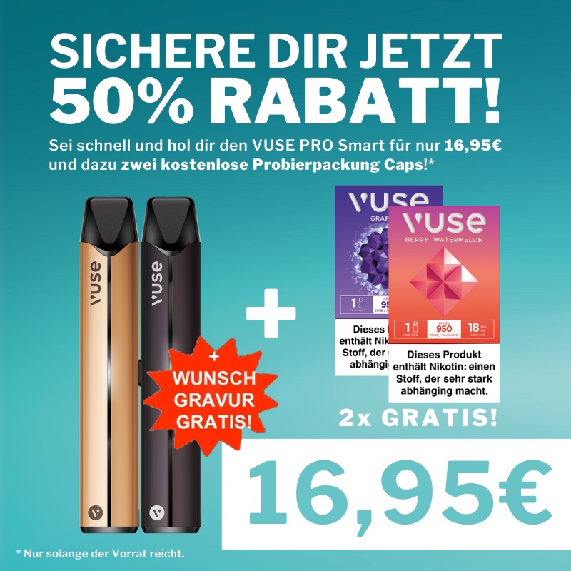 ! AKTION ! VUSE Pro smart + 2 Gratis-Packungen Caps 18 mg + Wunschgravur