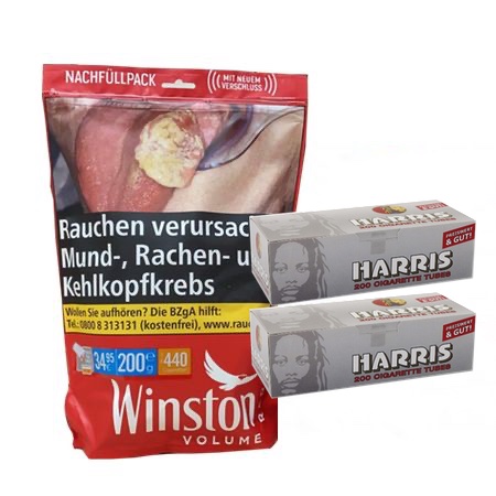 1x WINSTON Volumen Tobacco Red 160g + 400 Harris  Zigarettenhülsen