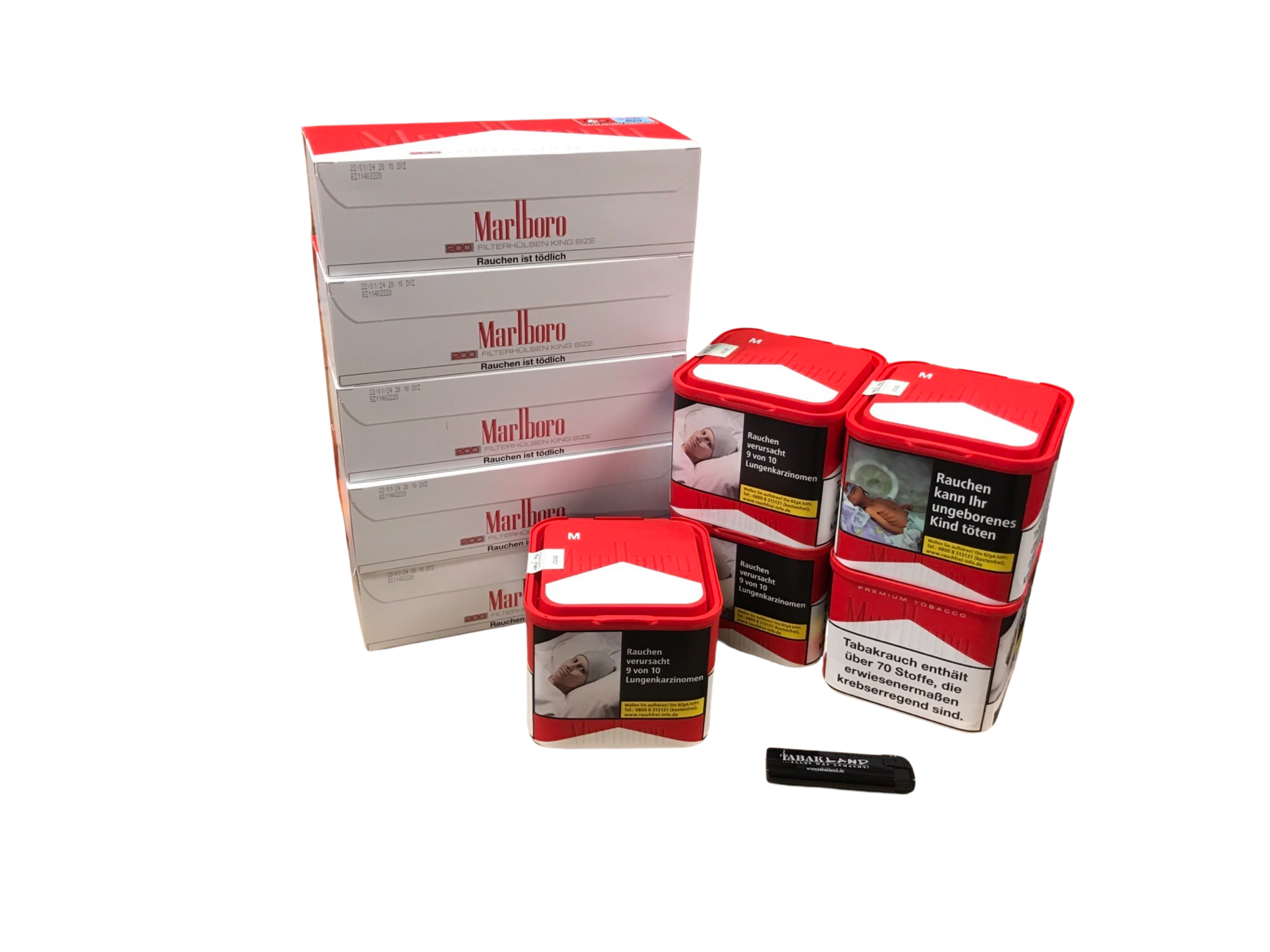 5x Marlboro Premium Tobacco Red 70g + 1000 Marlboro Filterhülsen + Feuerzeug