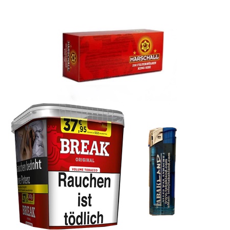 BREAK Original Volumentabak + 1000 Zigarettenhülsen Marschall + Tabakland Feuerzeug