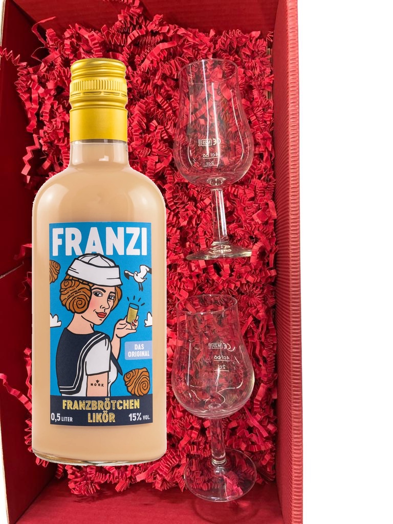 Franzi Franzbrötchen-Likör 15% vol., 0,5l + 2 hochwertige Gläser im Geschenkset