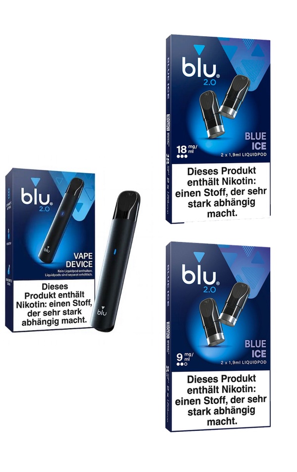 blu 2.0 Starter Set Angebot - blu 2.0 Vape Device + 1x Blue Ice 9 mg + 1 x Blue Ice 18 mg Liquidpods mit je 1,9 ml 