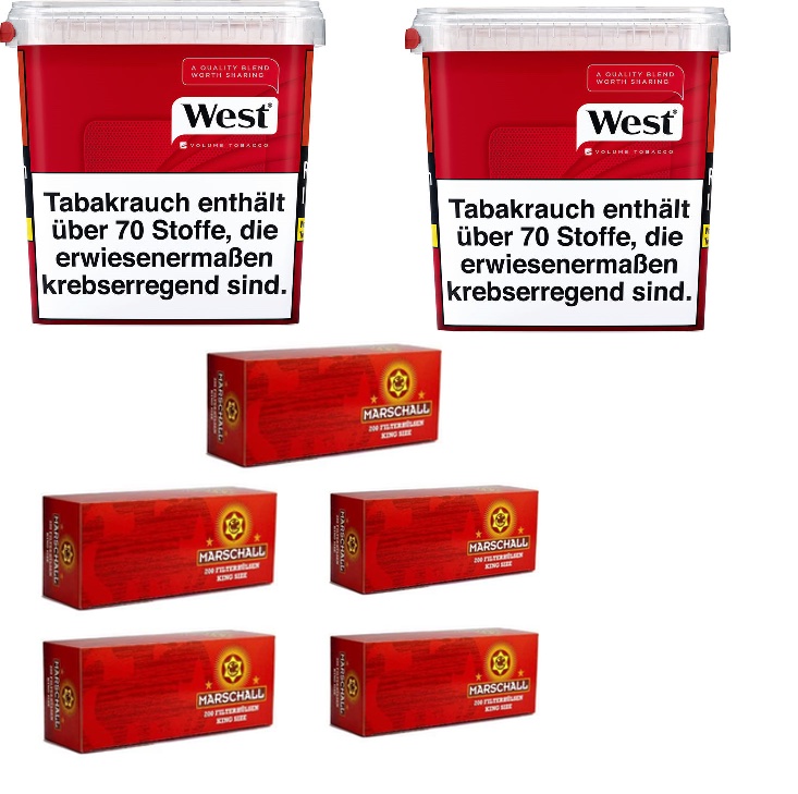 2 x West Red Volumen Tabak à 205 Gramm & 1000 Marschall Red  Zigarettenhülsen