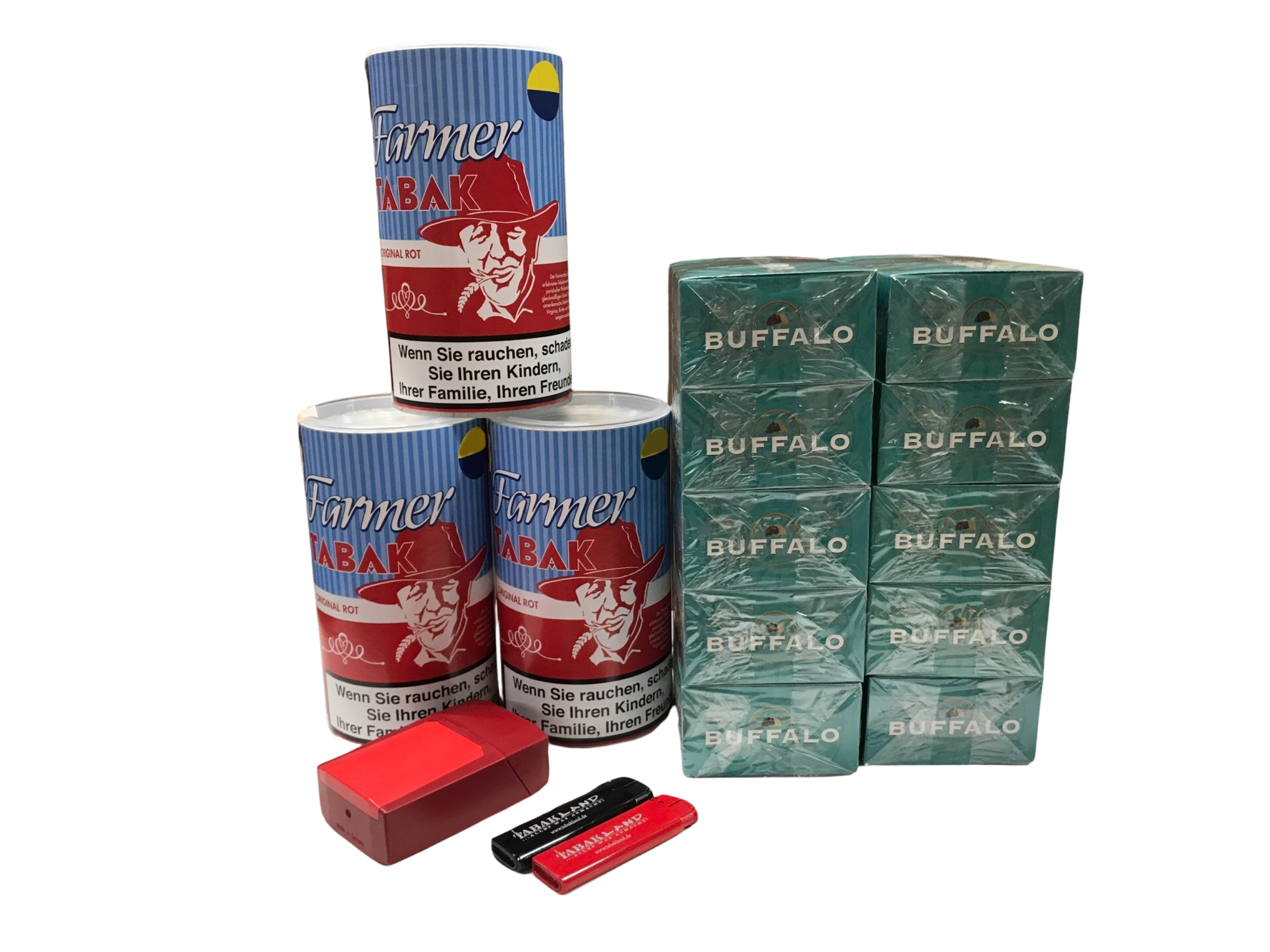 3x Farmer Tabak Rot 160g + 1000 Buffalo Menthol Filterhülsen + 1x Etui/ inkl. 2x Feuerzeug
