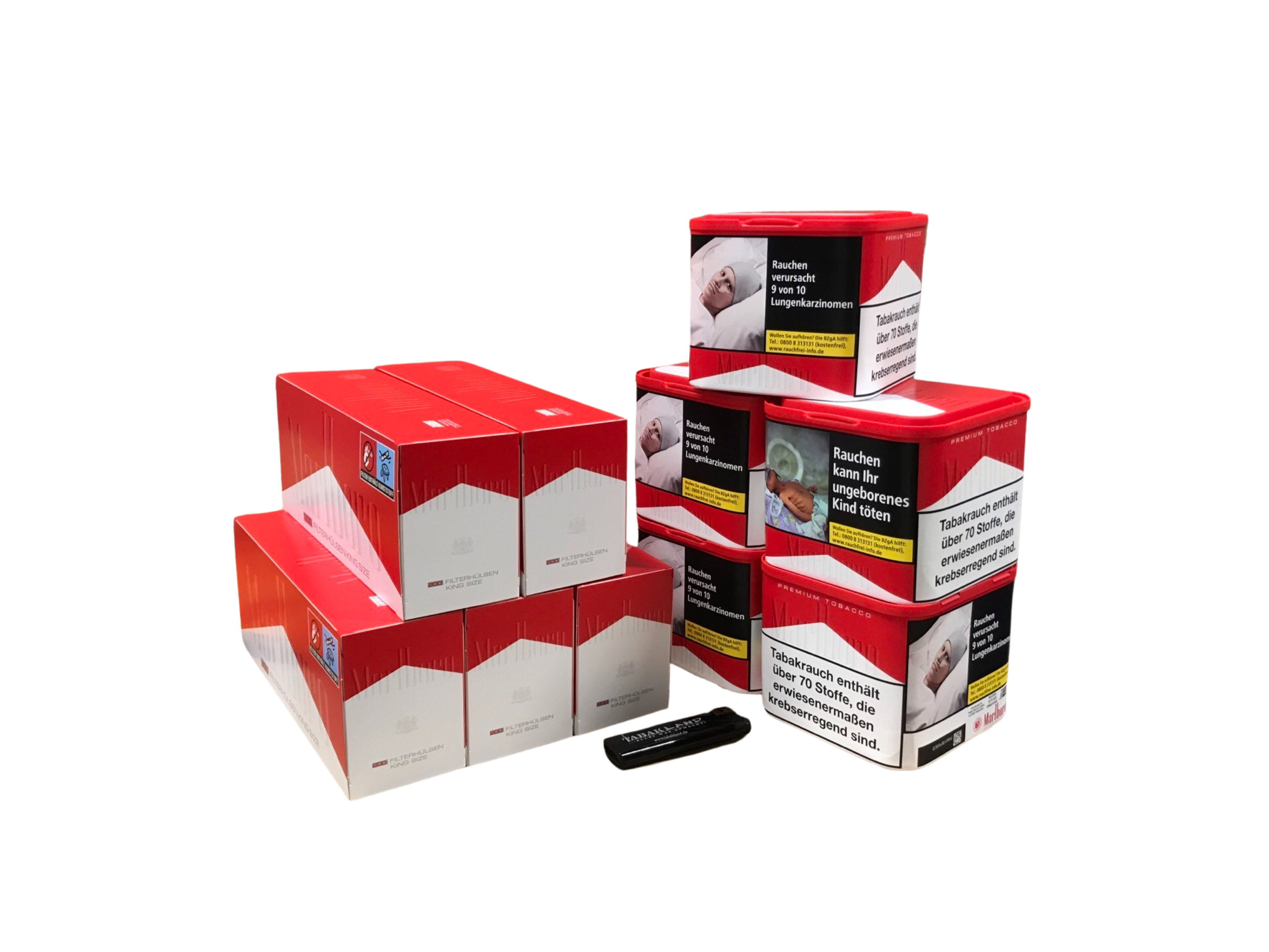 5x Marlboro Premium Tobacco Red 70g + 1000 Marlboro Filterhülsen + Feuerzeug
