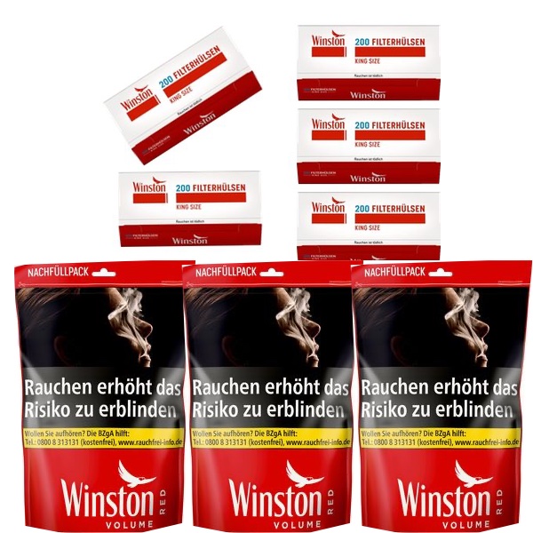 3x Winston Red 160g + 1000 Winston King Size Zigarettenhülsen