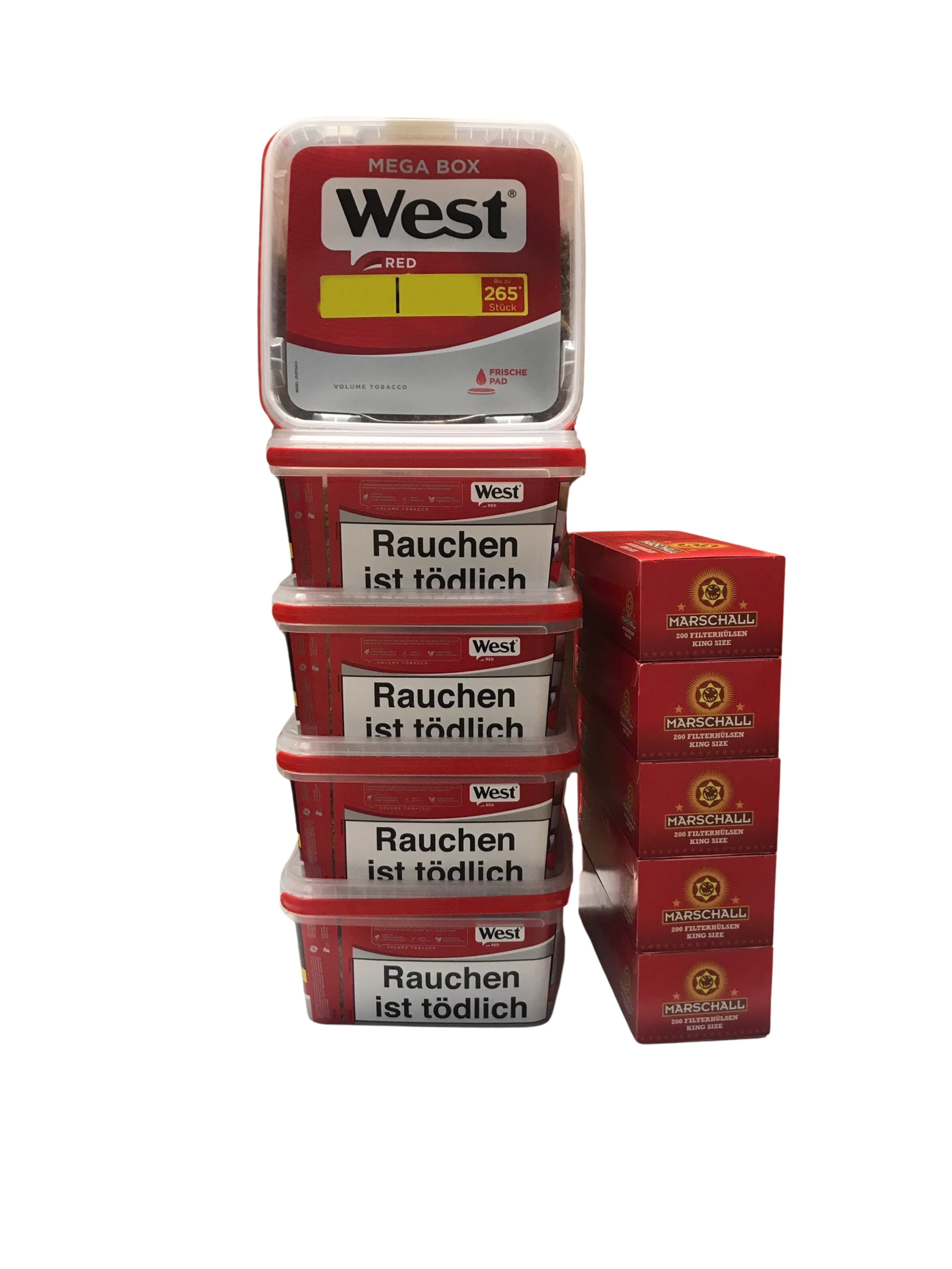 5x West Red Volumen Tobacco 109g Eimer & 1000 Marschall Hülsen