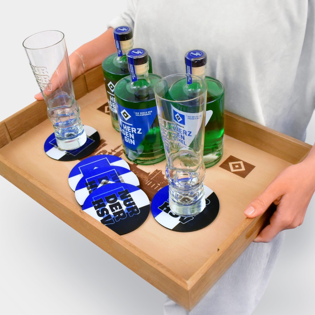 HSV TRILOGIE: Gin, Vodka und Kümmel + Tablett, Gläser und Untersetzer
