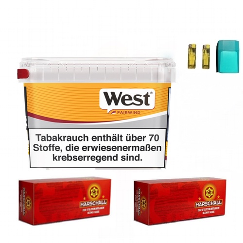 1x West Yellow 133 Gramm Tabak Eimer+2 x Marschall Red Zigarettenhülsen 1x Etui 2x Feuer 