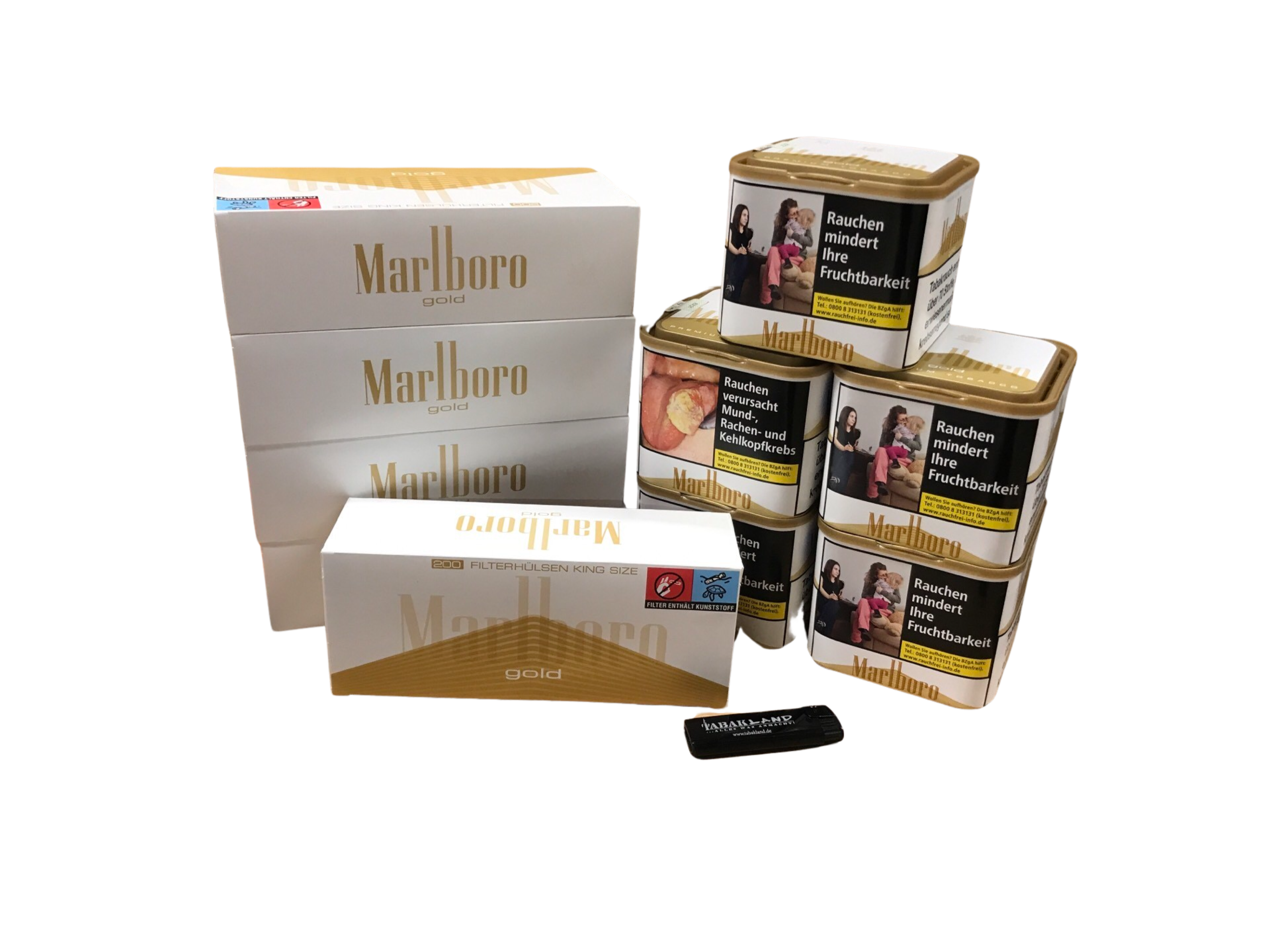 5x Marlboro Premium Tobacco Gold 70g + 1000 Marlboro Gold Hülsen + Feuerzeug