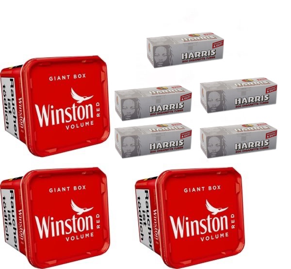 3x Winston Giant Box Eimer 205g + 1000 Harris rot Zigarettenhülsen
