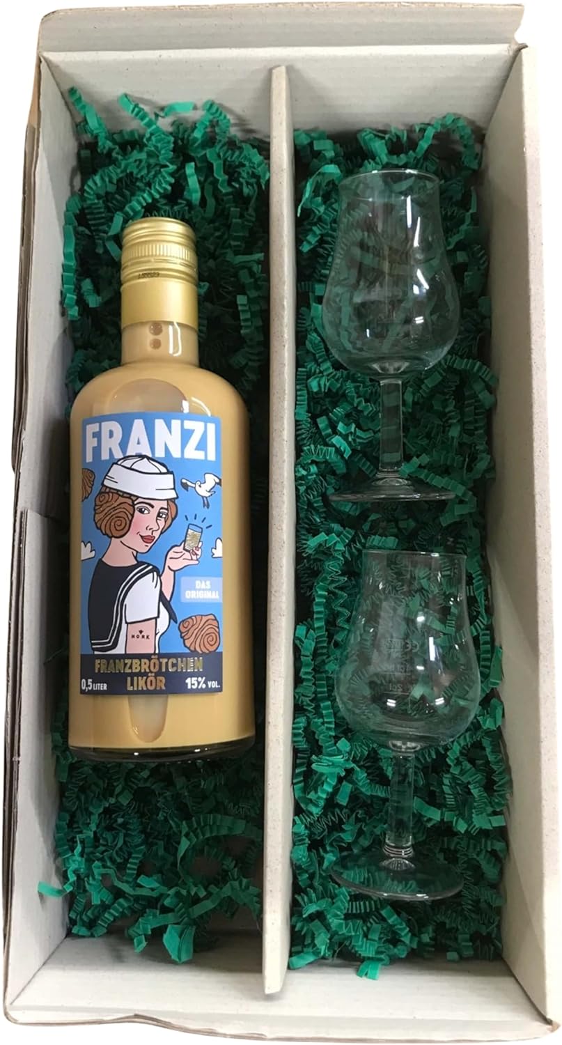 Frohe Ostern Geschenkset - Franzi Franzbrötchen Sahnelikör 15% Vol. + 2 hochwertige Gläser im Oster-Geschenkset (1 x 0,5 Ltr.)