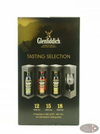 GLENFIDDICH Geschenkset: Single Malt Scotch Whiskey 12, 15 und 18 Jahre 3x0,2l + Glas