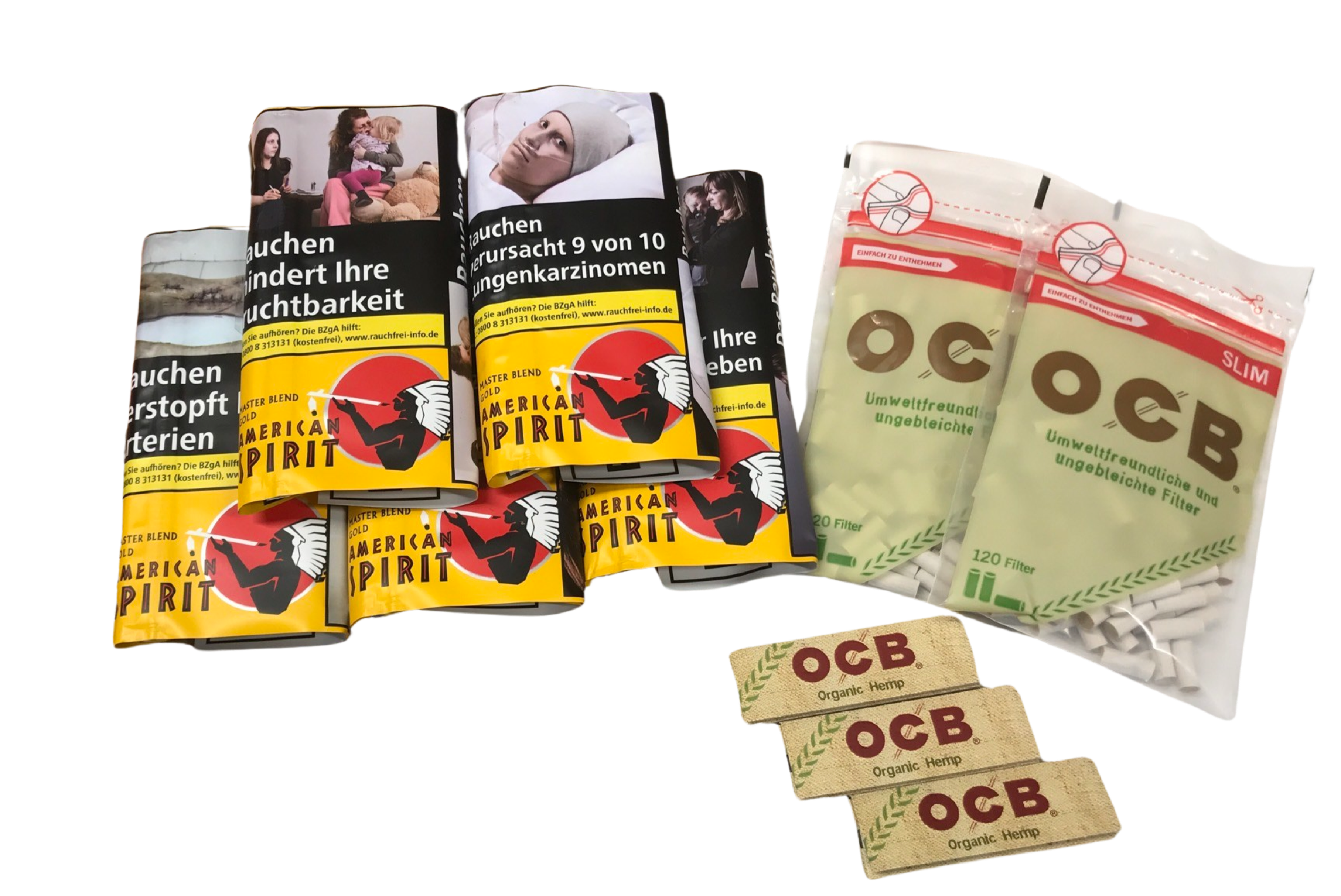 5x Pouches American Spirit Master Blend Gold  + 2x OCB Organic Slim Filter + 3x OCB Organic Hemp Papers