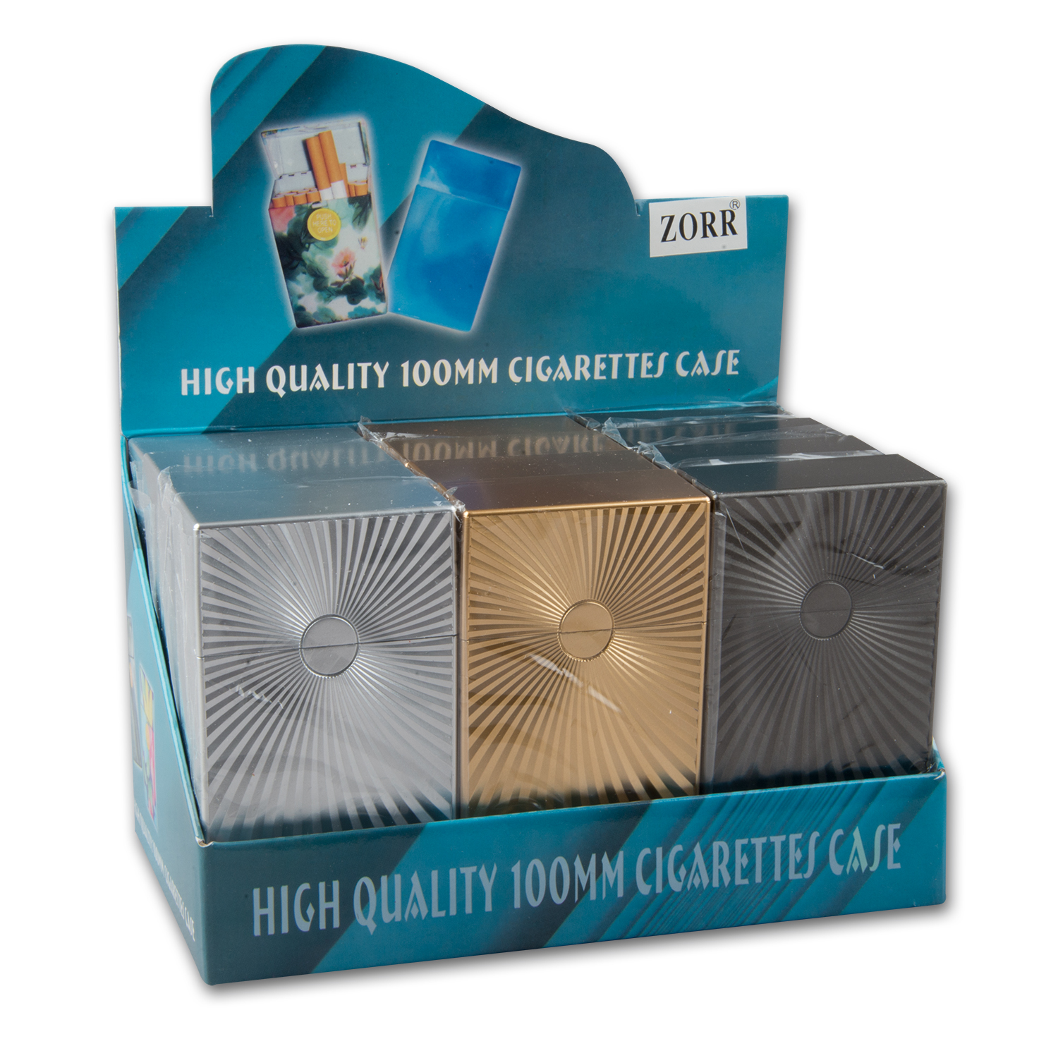 Zigarettenbox  Kunststoff Push 100mm Metallfarben sortiert  (12)