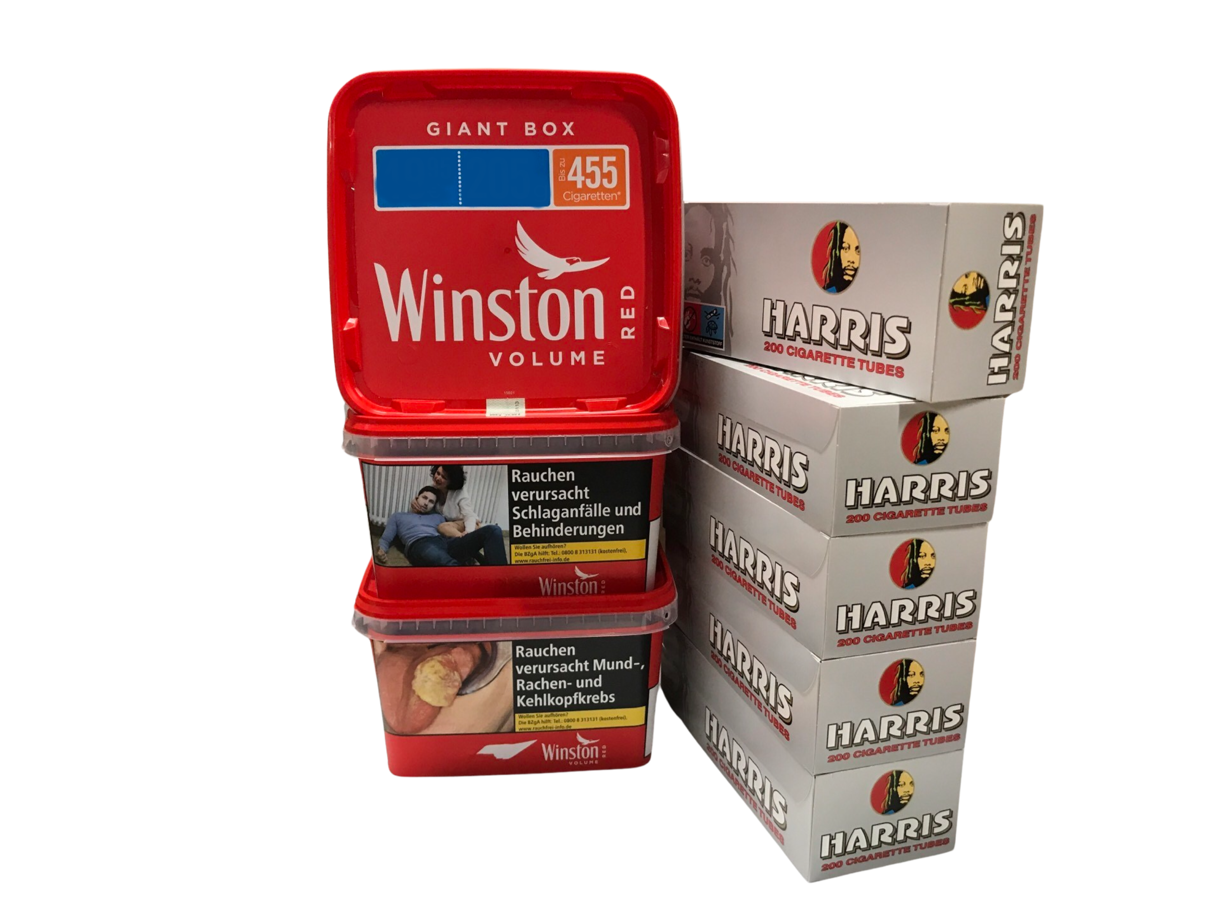 3x Winston Giant Box Eimer 195g + 1000 Harris rot Zigarettenhülsen
