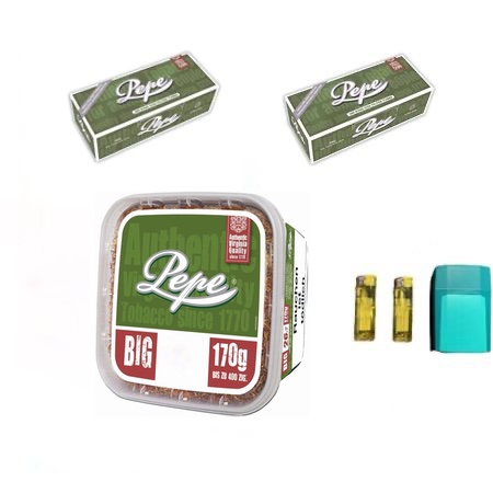 PEPE Rich Green Volumen Tabak XXXL-Size Filterhülsen & 400 Pepe Zigarettenhülsen Stk. 1 x Etui/ 2 x Feuer 