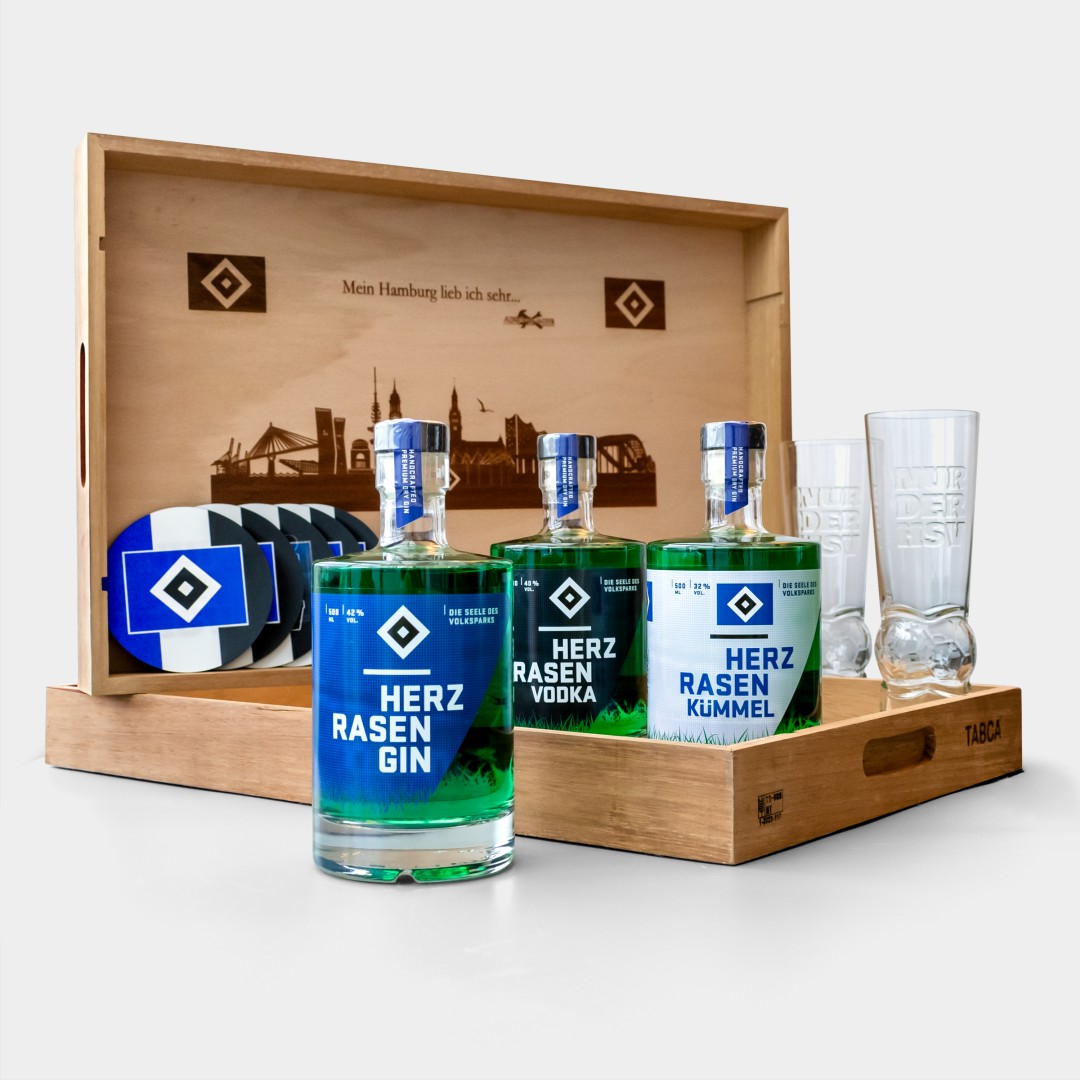 HSV TRILOGIE: Gin, Vodka und Kümmel + Tablett, Gläser und Untersetzer