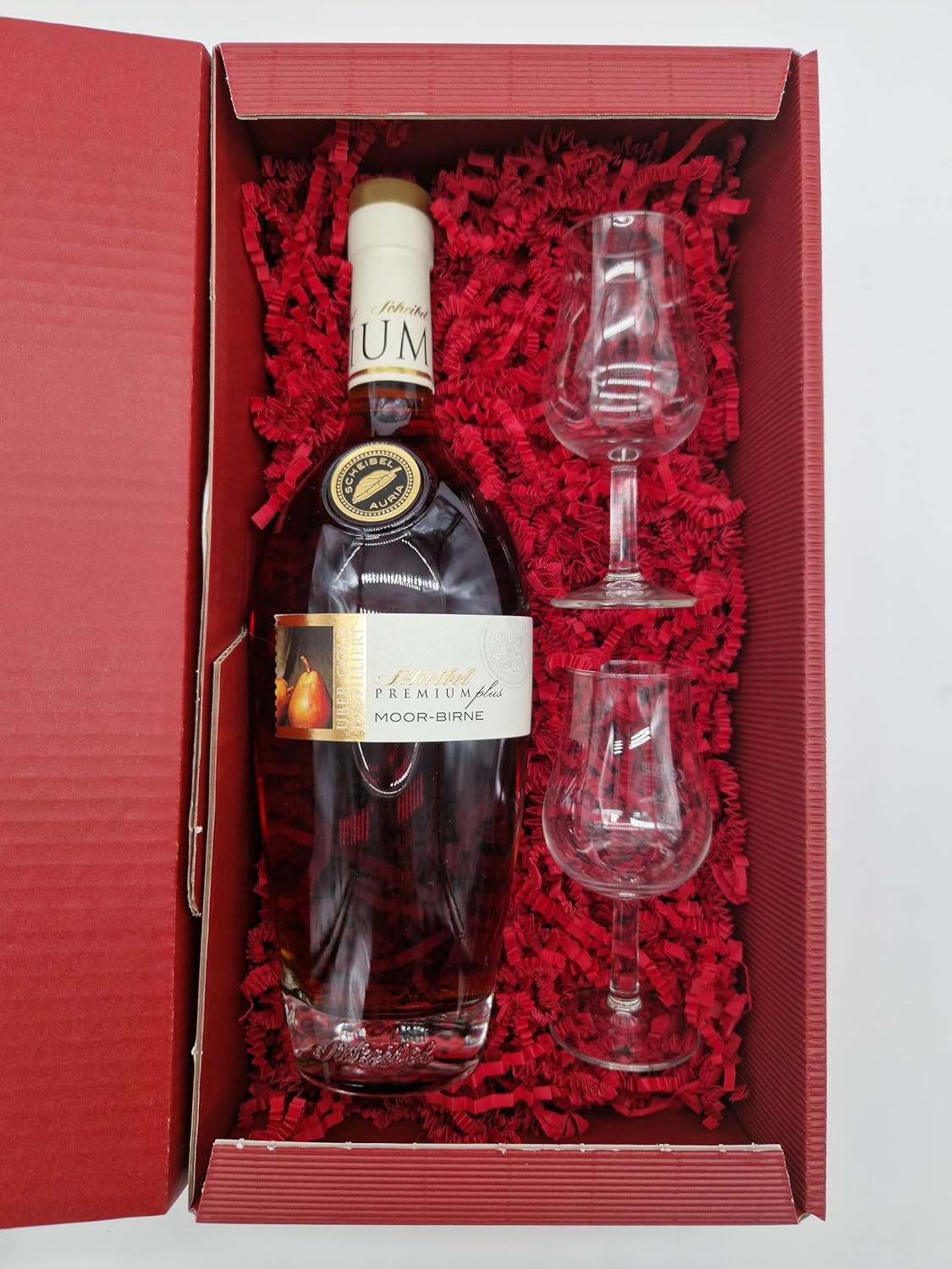 Scheibel Premium Plus Moor-Birne Brandy 40% Vol. + 2 hochwertige Gläser im Geschenkset