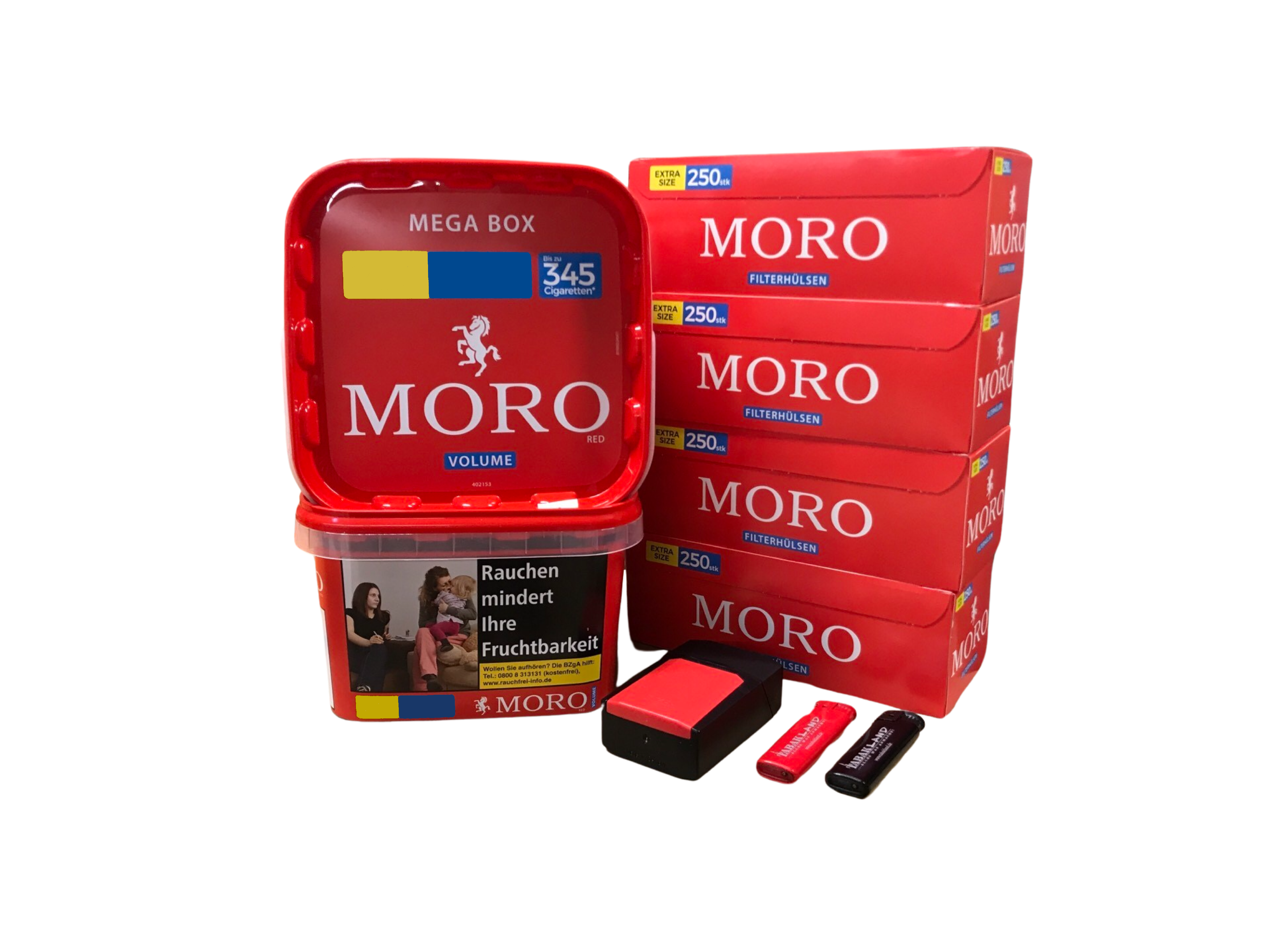 2x Moro Rot Volumen 155g + 1000 Moro Filterhülsen + 1x Etui inkl. 2x Feuerzeug