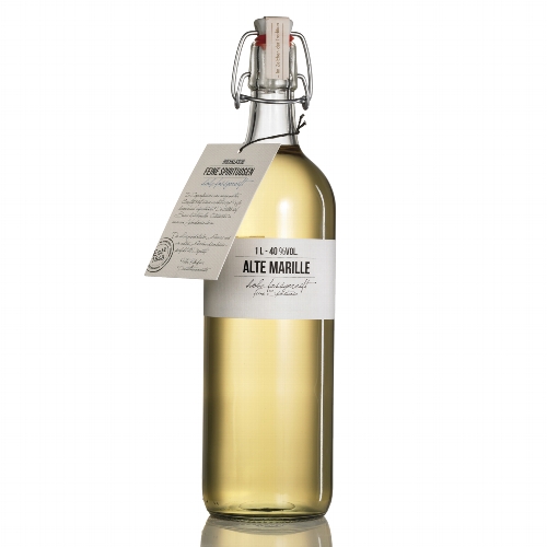 Geschenkset: Birkenhof Brand Alte Marille 40% vol., 0,5l + 2 Gläser