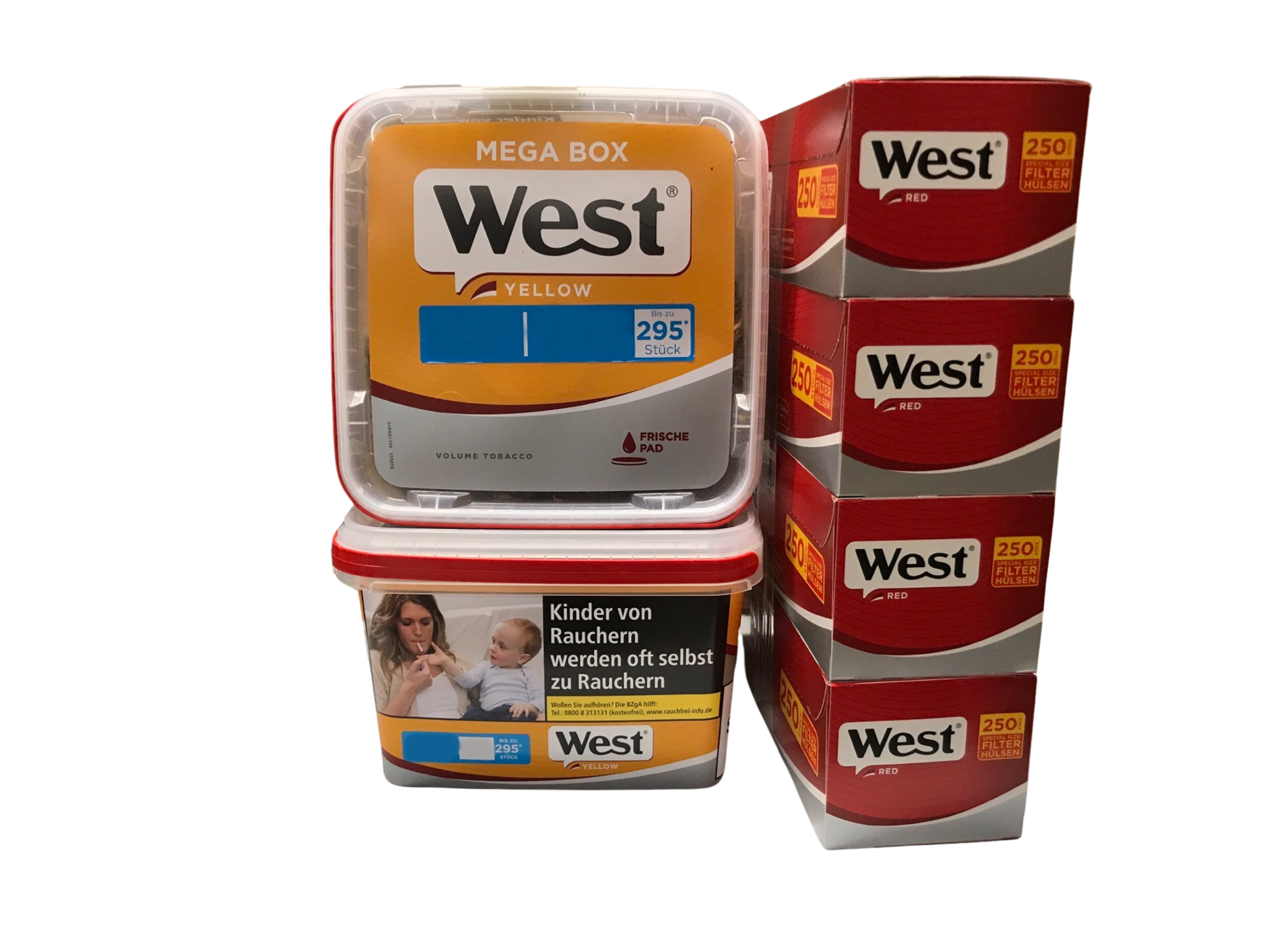2 x West Yellow Tabak 125g Eimer  + 1000 West Red Extra Special Hülsen