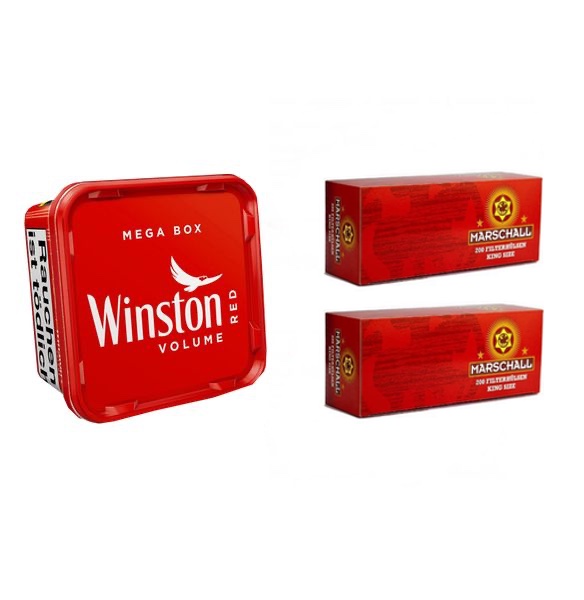 1 x Winston Tabak Eimer 140g & 400 Marschall Red Zigarettenhülsen