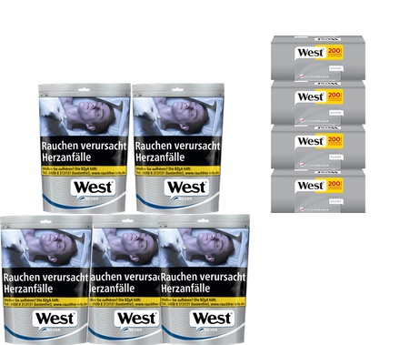 5x West Silver Volume Tobacco Beutel + 1000 West Yellow King Size Zigarettenhülsen