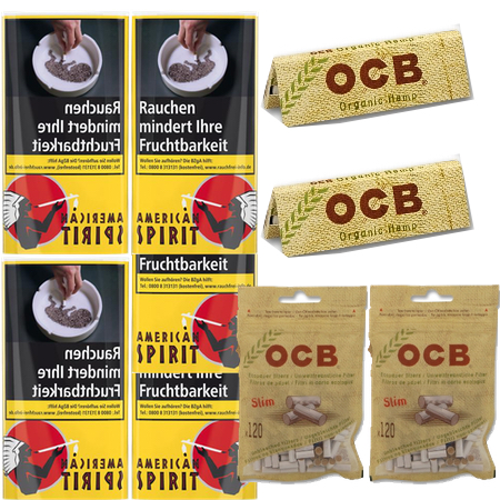 AMERICAN SPIRIT Yellow Original Drehtabak 5 x 30 g & 240 OCB Organic Slim Filter & 100 OCB Organic Hemp Papier 