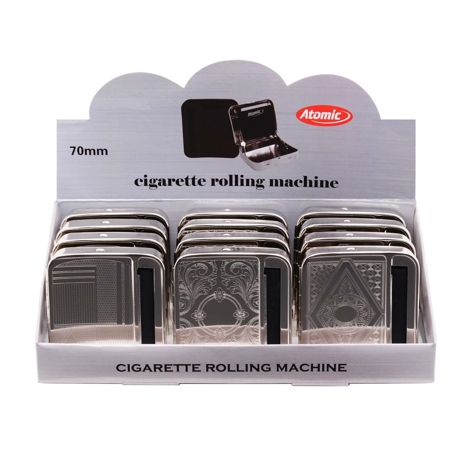 Zigaretten-Rollbox (12) ATOMIC chrom 70mm 4-fach sortiert 