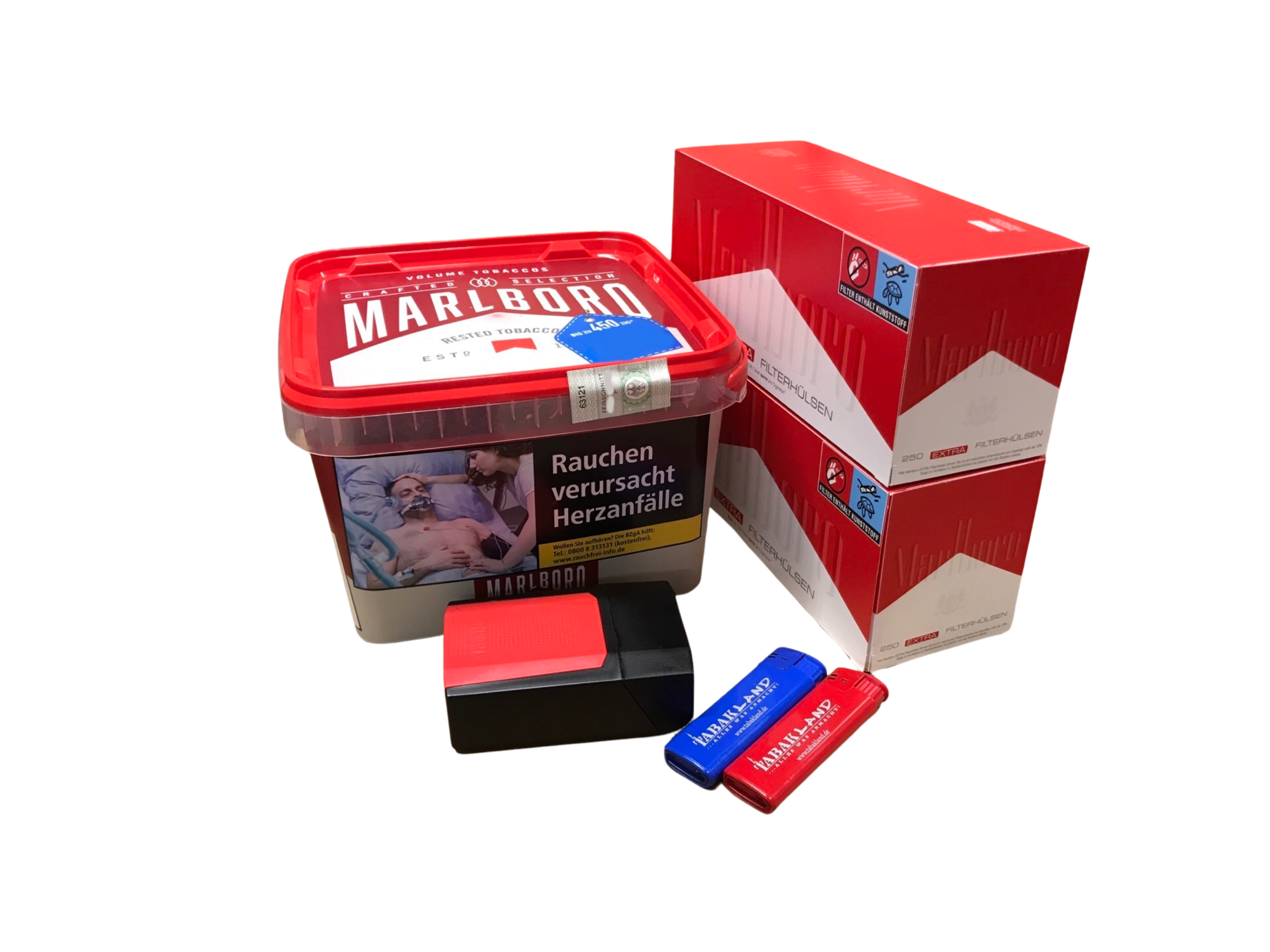 Marlboro Crafted Selection Eimer + 500 Marlboro Red Extra + Etui  inkl. 2x Feuerzeuge