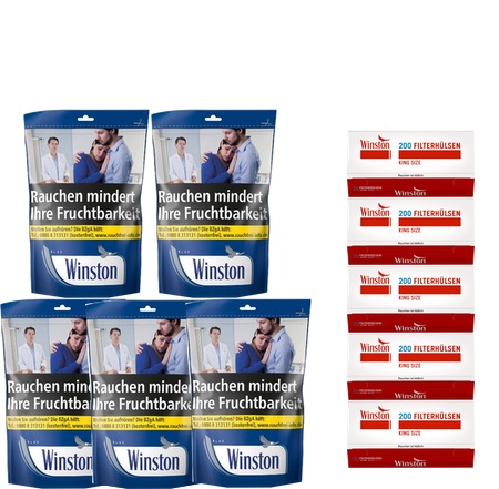 5x Winston Volumen Tobacco Blue  Zip Bag-XXL 113g + 1000 Stück Winston Hülsen